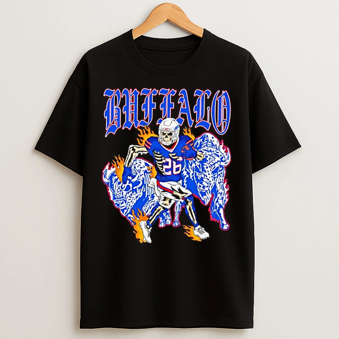 Classic Buffalo Gothic Text Skeleton Football Player 26 Running Between Blue Bison On Fire T Shirts