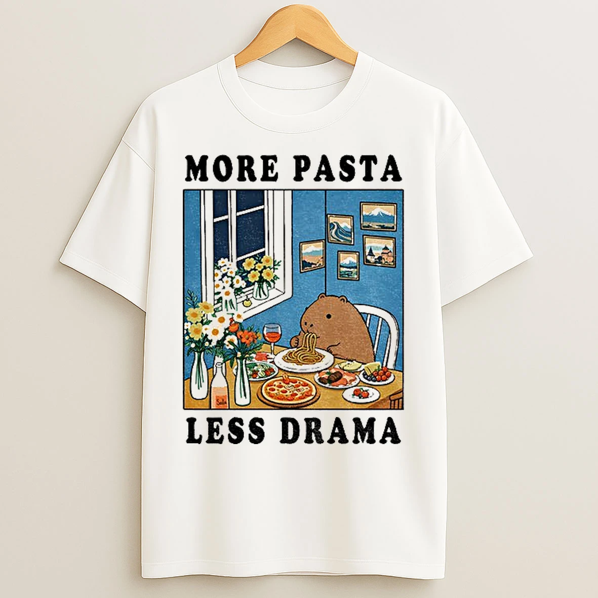 Classic Capybara More Pasta Less Drama T Shirts