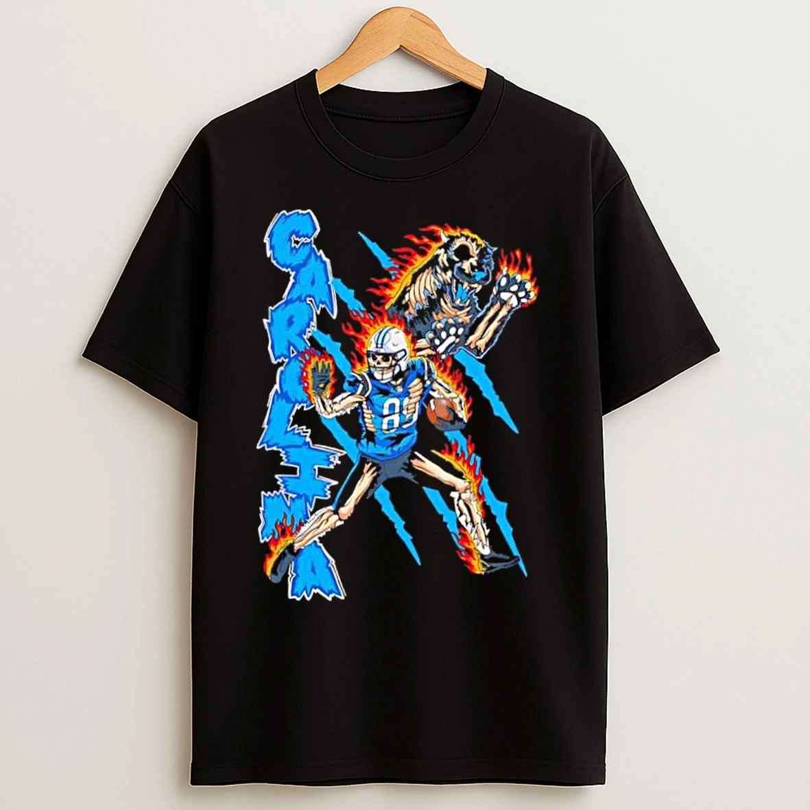 Classic Carolina Panthers Skeleton Player 88 On Fire With Skeleton Growling Panther Graphic T Shirts
