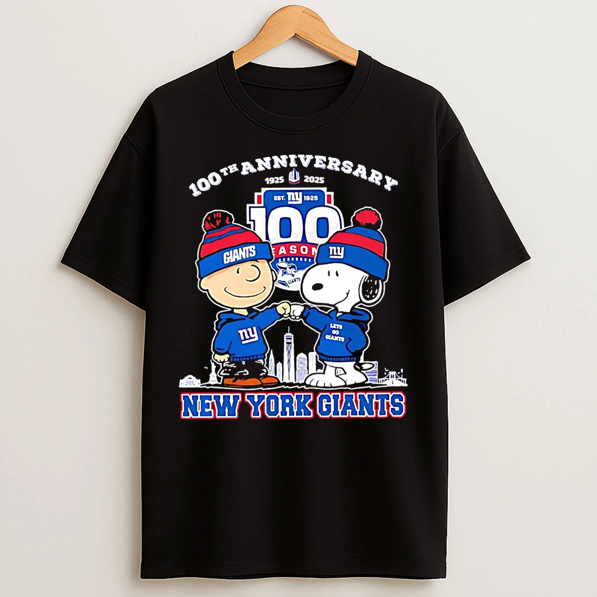 Classic Charlie Brown Snoopy Fist Pump 100th Anniversary 1925 2025 Ny Giants T Shirts