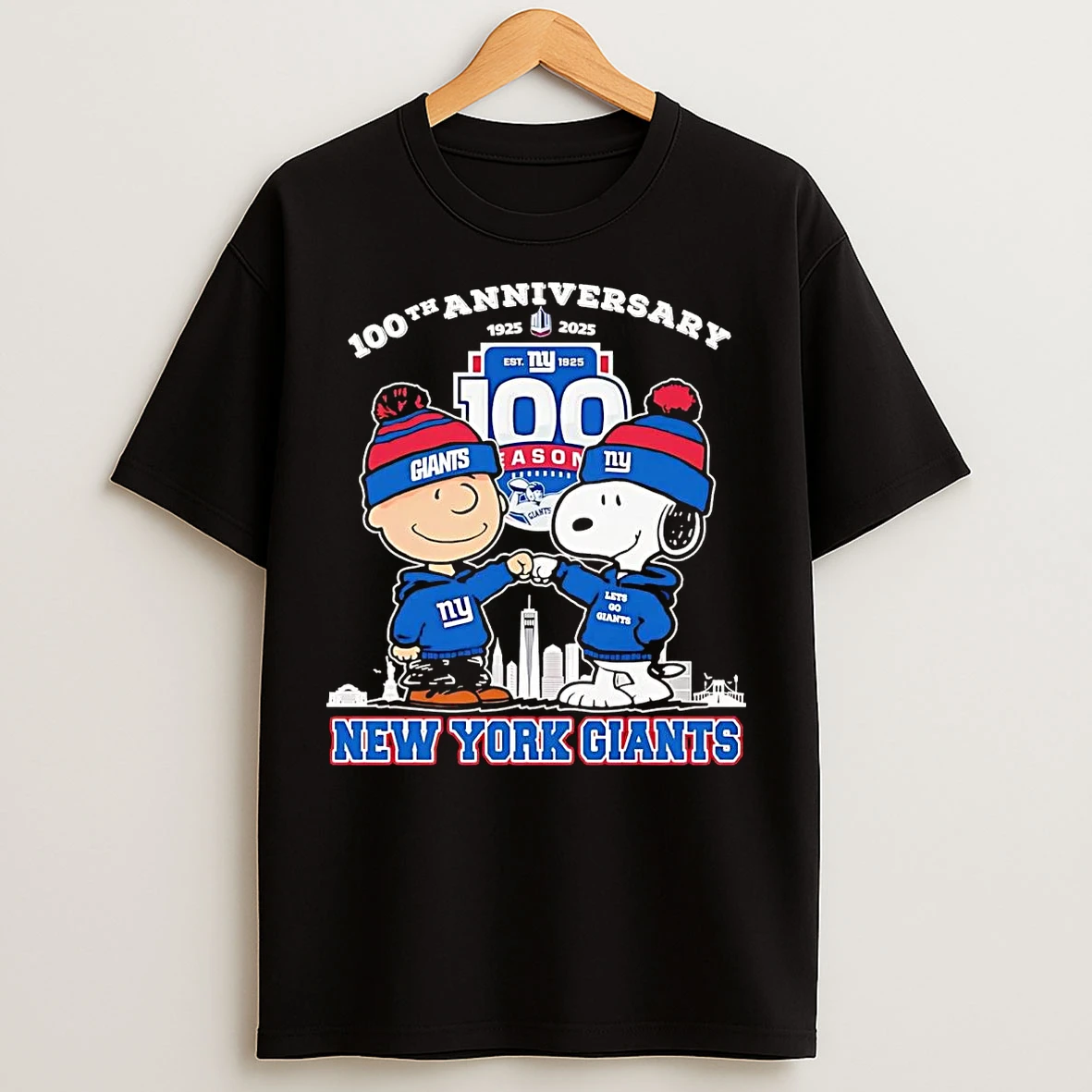 Classic Charlie Brown Snoopy Fist Pump 100th Anniversary 1925 2025 New York Giants T Shirts