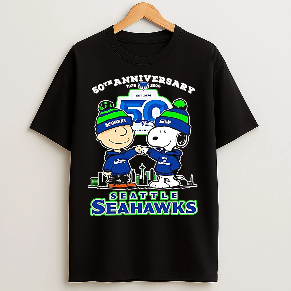 Classic Charlie Brown Snoopy Fist Pump 50th Anniversary 1976 2025 Seattle Seahawks T Shirts