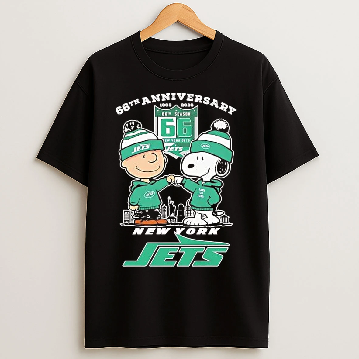 Classic Charlie Brown Snoopy Fist Pump 66th Anniversary New York Jets T Shirts