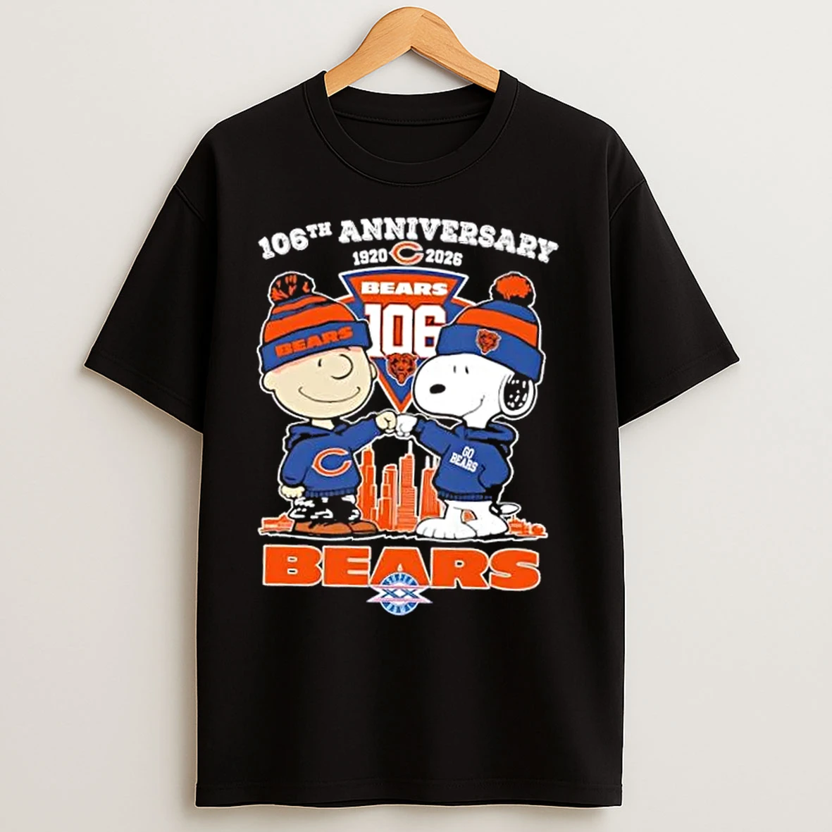 Classic Charlie Brown And Snoopy 106th Anniversary 1920 2026 Chicago Bears Football Skyline T Shirts