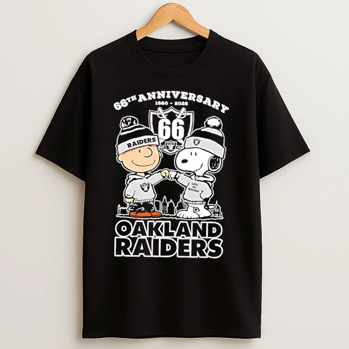 Classic Charlie Brown And Snoopy 66th Anniversary 1960 2026 Oakland Raiders Football Skyline T Shirts