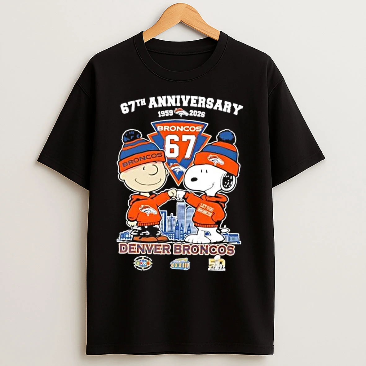 Classic Charlie Brown And Snoopy 67th Anniversary 1959 2026 Denver Broncos Football Skyline T Shirts