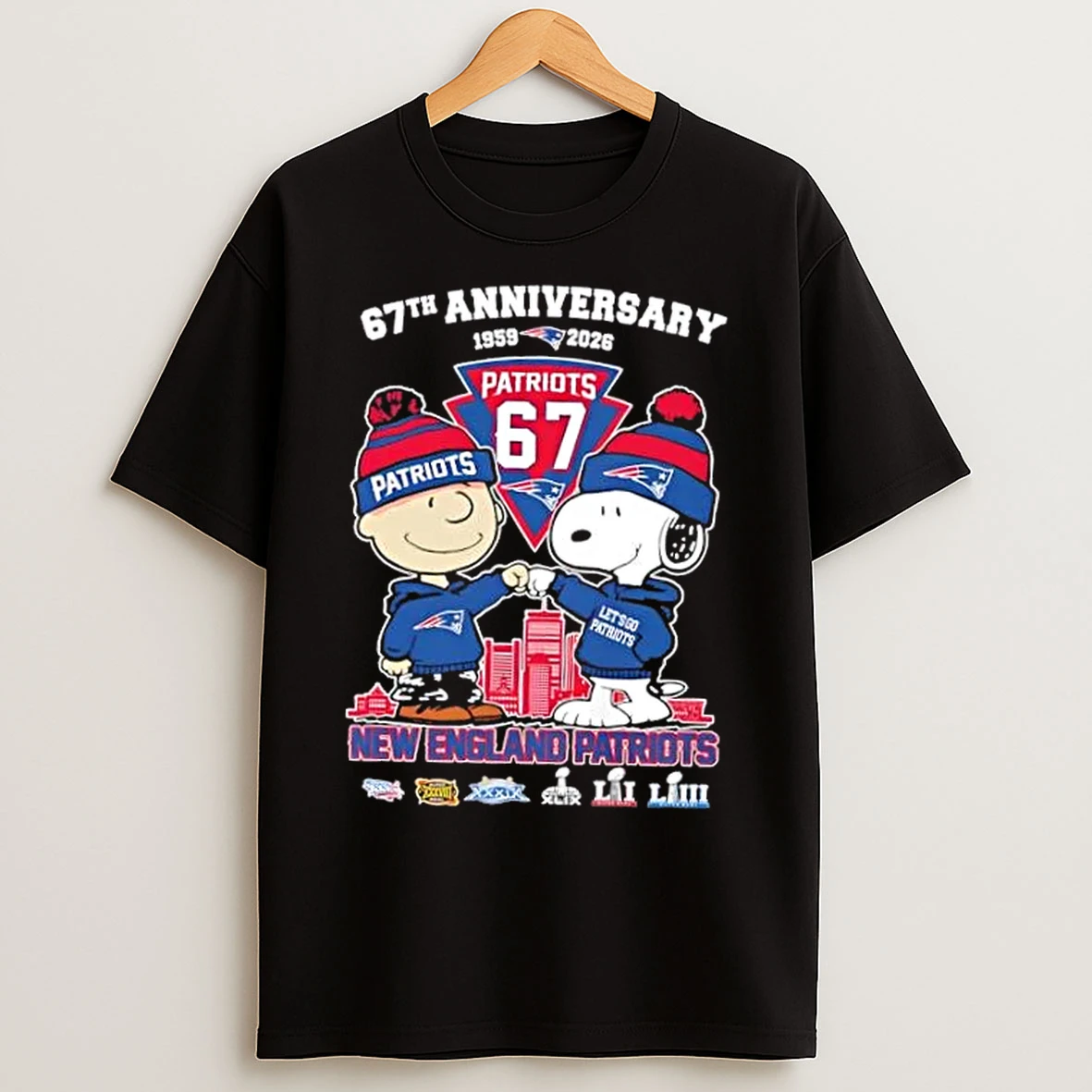 Classic Charlie Brown And Snoopy 67th Anniversary 1959 2026 New England Patriots Football Skyline T Shirts
