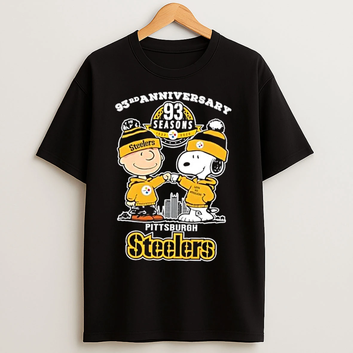 Classic Charlie Brown And Snoopy 93rd Anniversary 1933 2026 Pittsburgh Steelers Football Skyline T Shirts