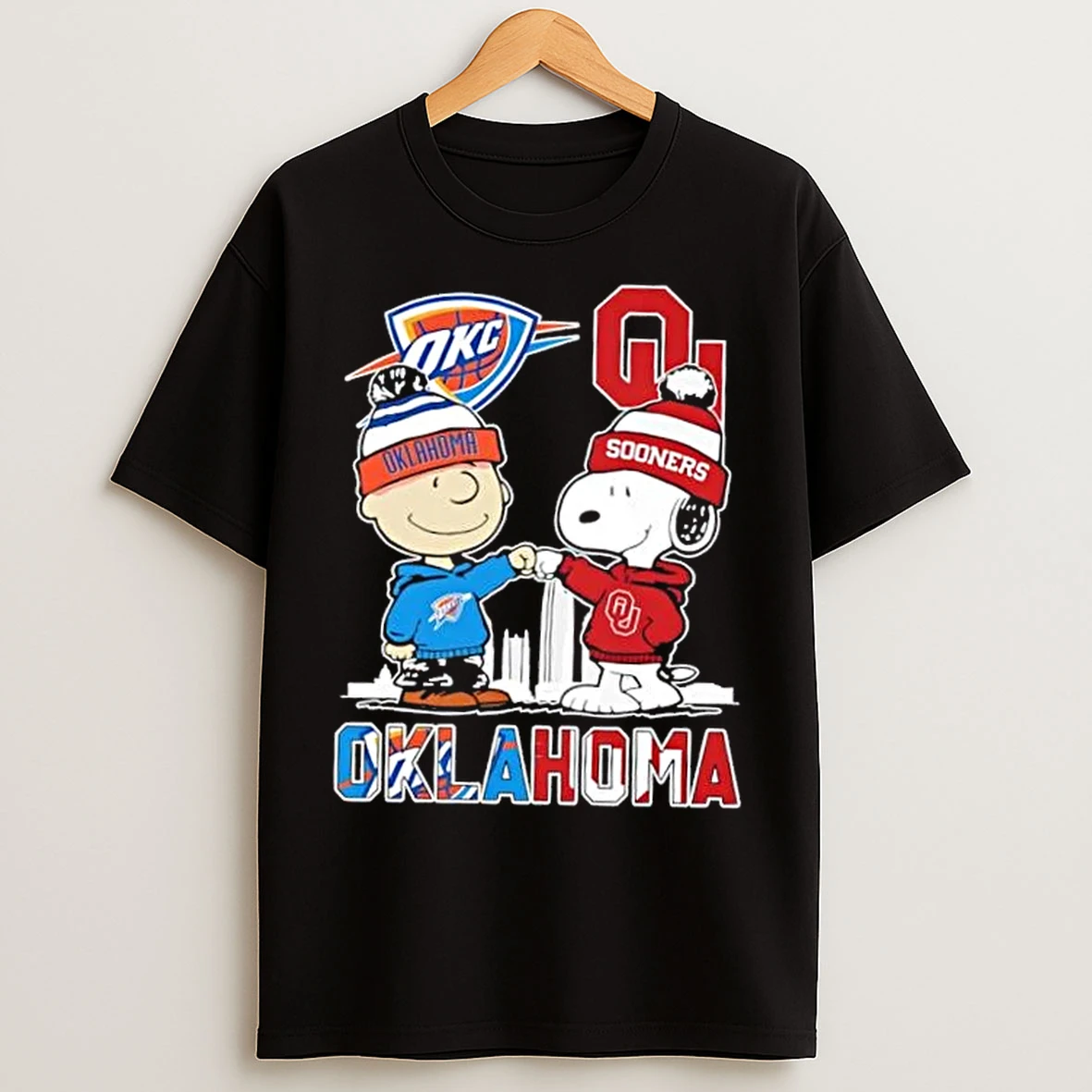 Classic Charlie Brown And Snoopy Oklahoma City Sports Thunder X Sooners Skyline T Shirts