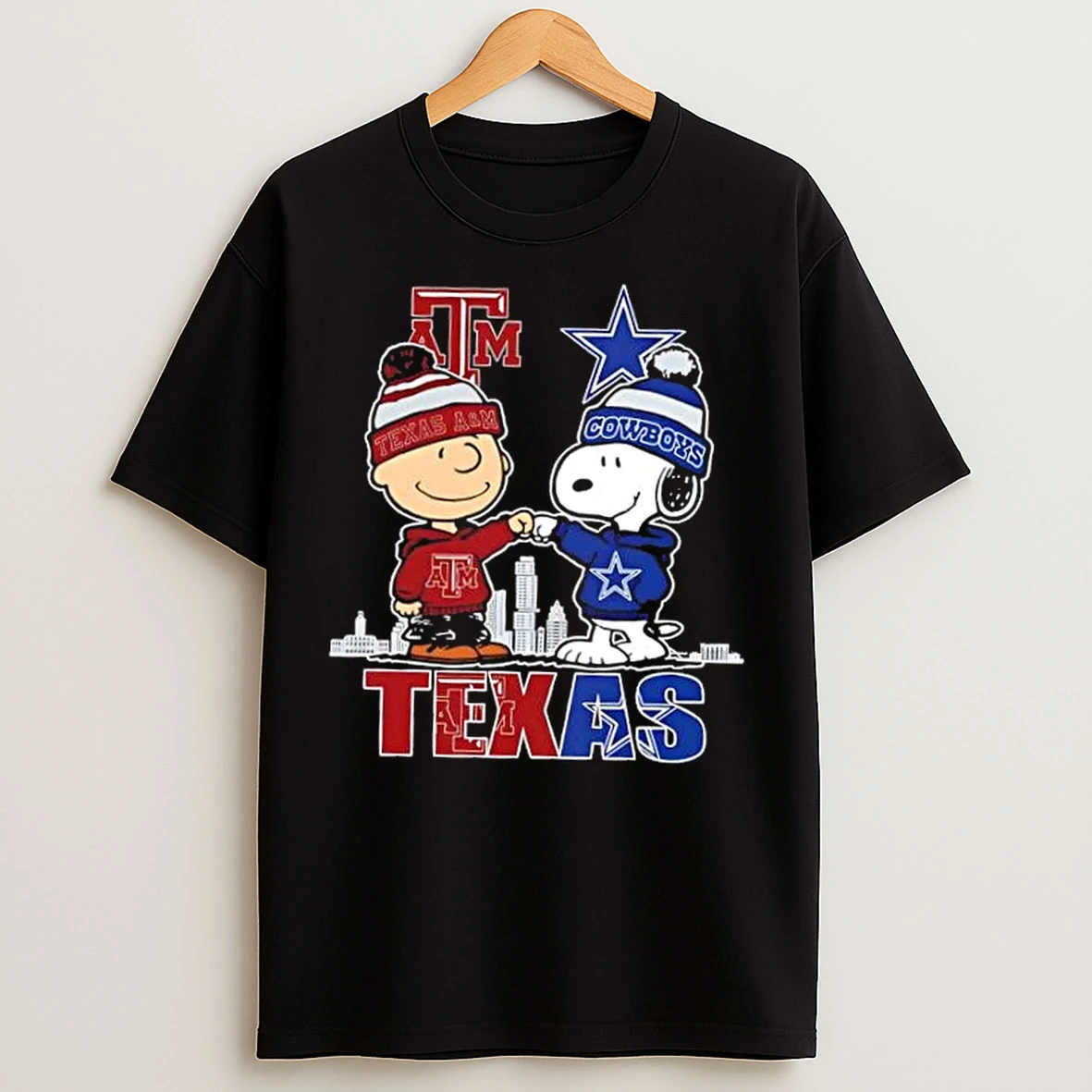 Classic Charlie Brown And Snoopy Texas City Sports Am Aggies X Dallas Cowboys Skyline T Shirts