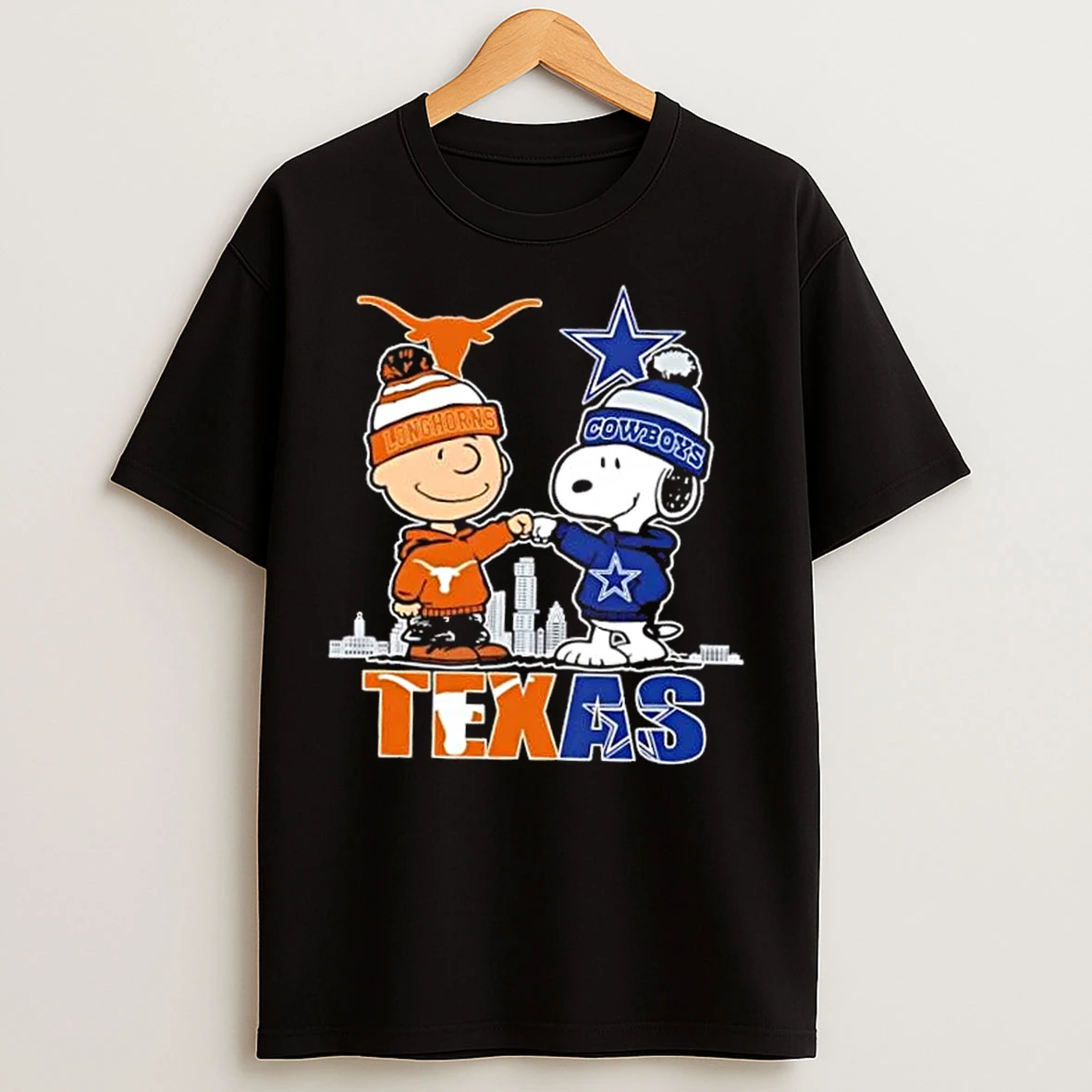 Classic Charlie Brown And Snoopy Texas City Sports Longhorns X Dallas Cowboys Skyline T Shirts