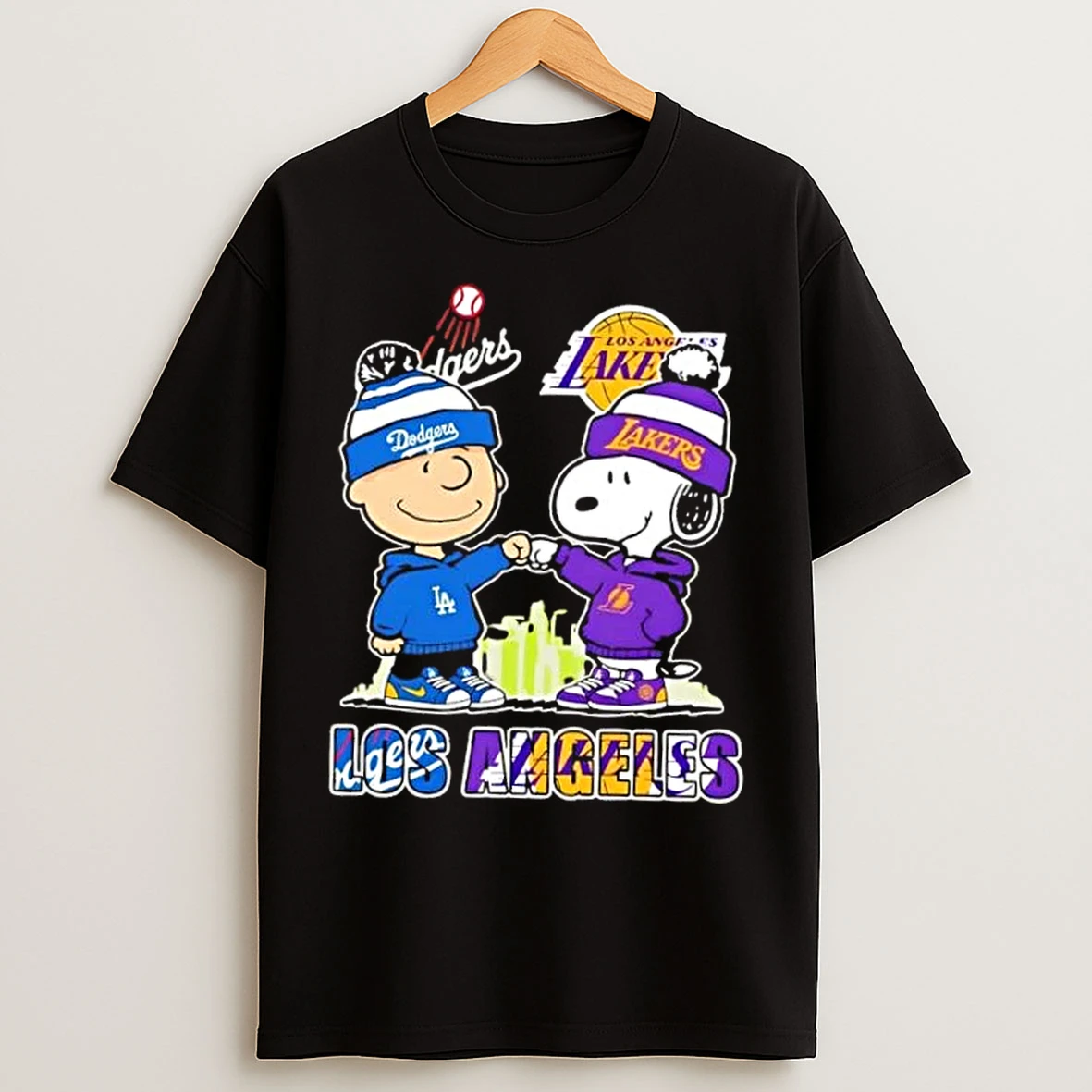 Classic Charlie Brown Fist Bump Snoopy Los Angeles City Sports Dodgers X Lakers Skyline T Shirts