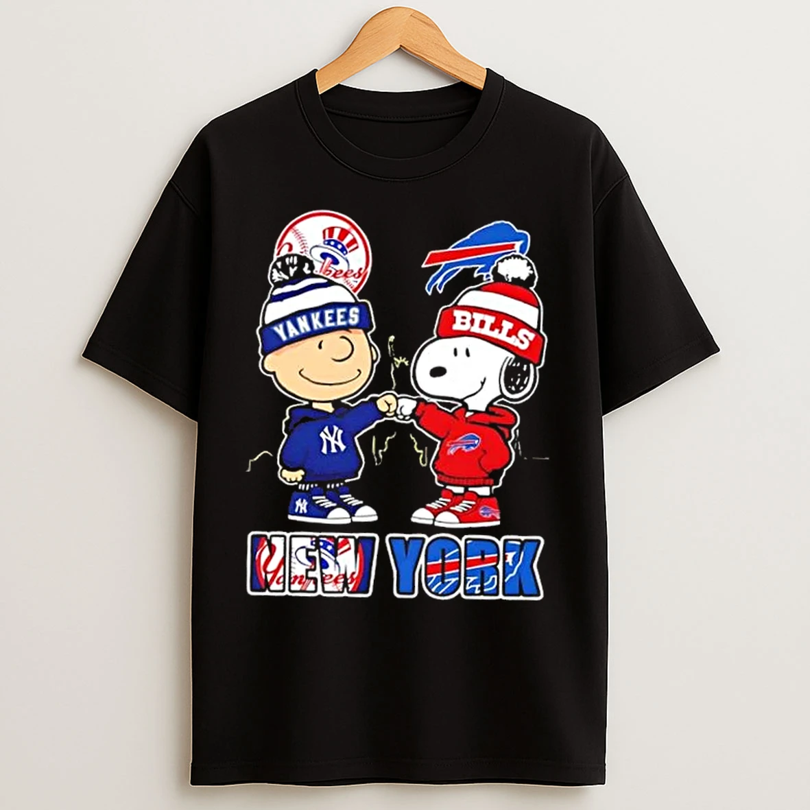Classic Charlie Brown Fist Bump Snoopy New York City Sports Yankees X Buffalo Bills Skyline T Shirts