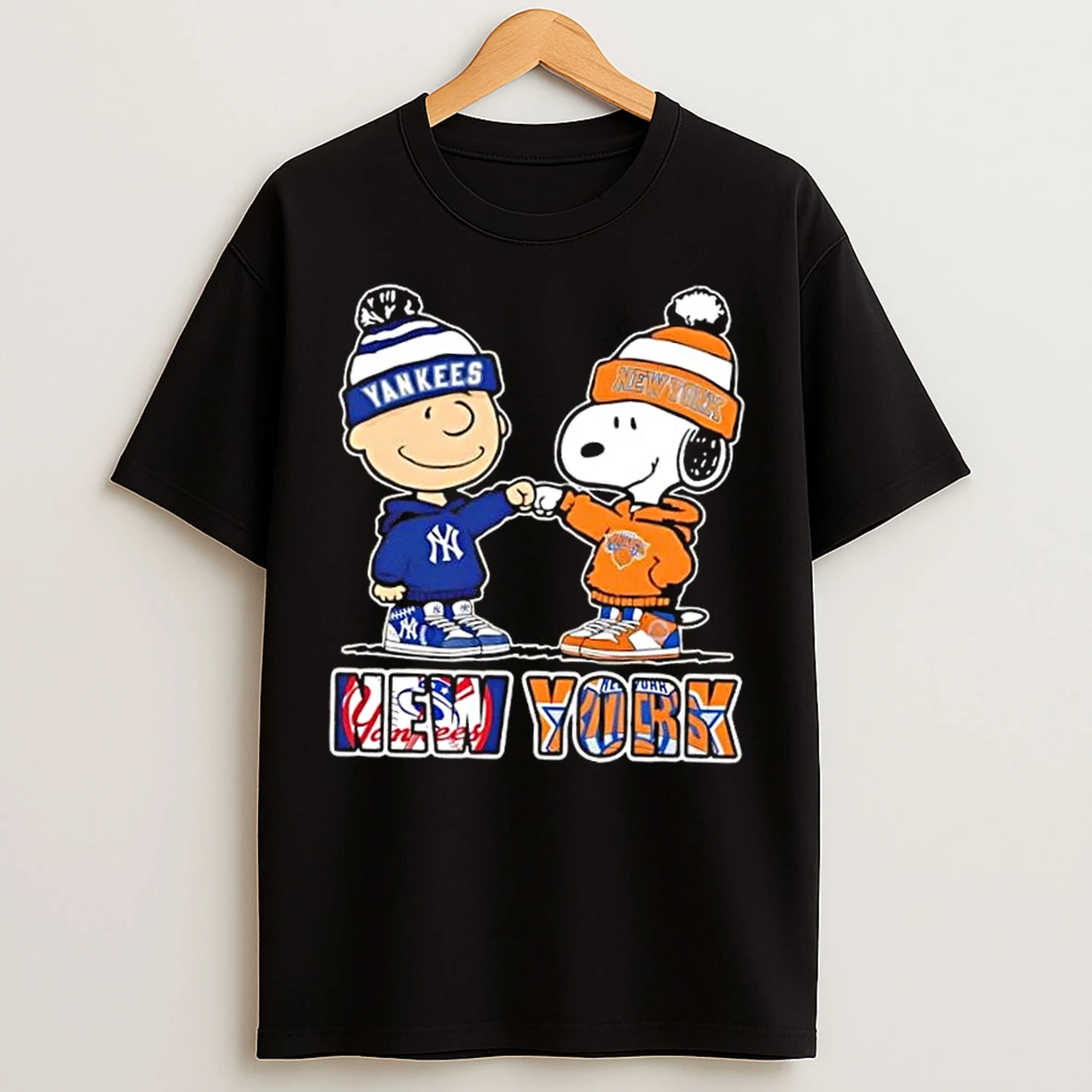 Classic Charlie Brown Fist Bump Snoopy New York City Sports Yankees X Knicks T Shirts