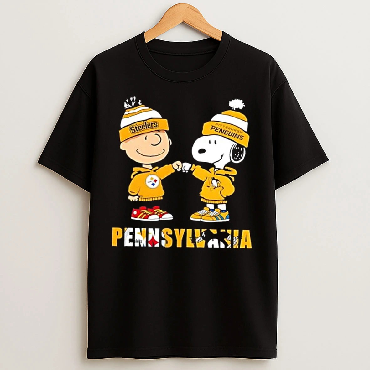 Classic Charlie Brown Fist Bump Snoopy Pennsylvania City Sports Pittsburgh Steelers X Penguins T Shirts