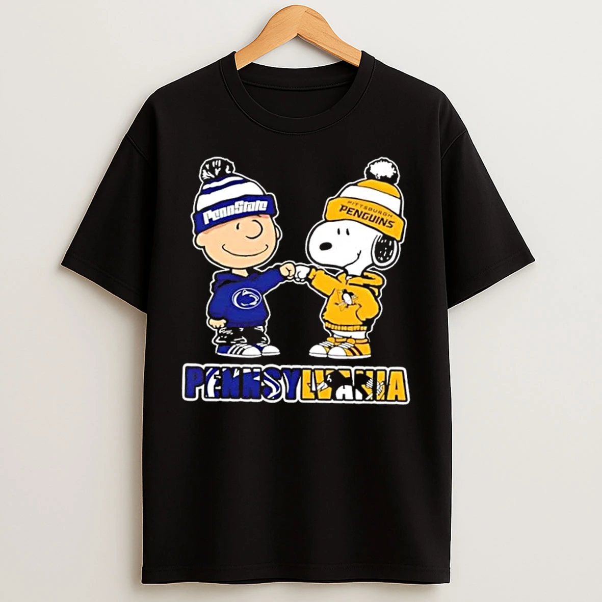 Classic Charlie Brown Fist Bump Snoopy Pennsylvania City Sports Y Penn State Nittany Lions X Pittsburgh Penguins T Shirts