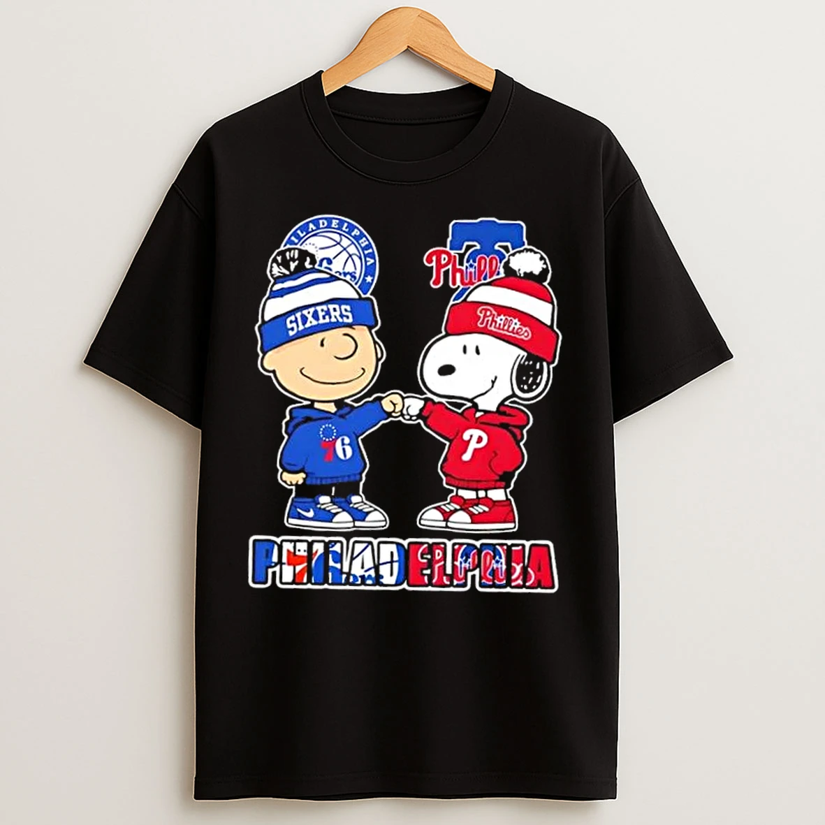 Classic Charlie Brown Fist Bump Snoopy Philadelphia City Sports 76ers X Phillies T Shirts