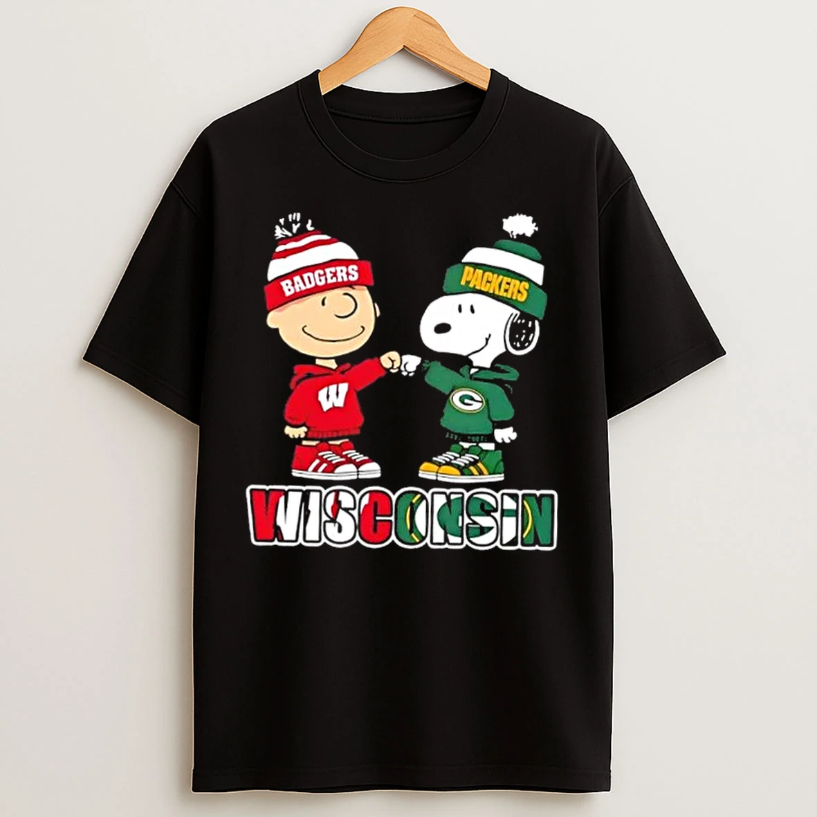 Classic Charlie Brown Fist Bump Snoopy Wisconsin City Sports Badgers X Green Bay Packers T Shirts