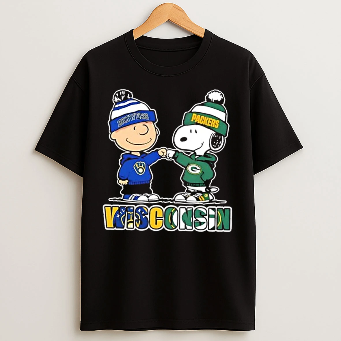 Classic Charlie Brown Fist Bump Snoopy Wisconsin City Sports Milwaukee Brewers X Green Bay Packers T Shirts