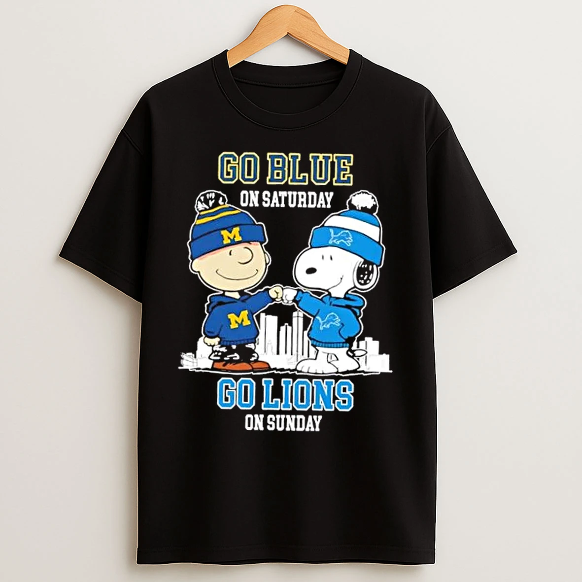 Classic Charlie Brown Fist Bump Snoopy Go Blue On Saturday Go Detroit Lions On Sunday Skyline T Shirts
