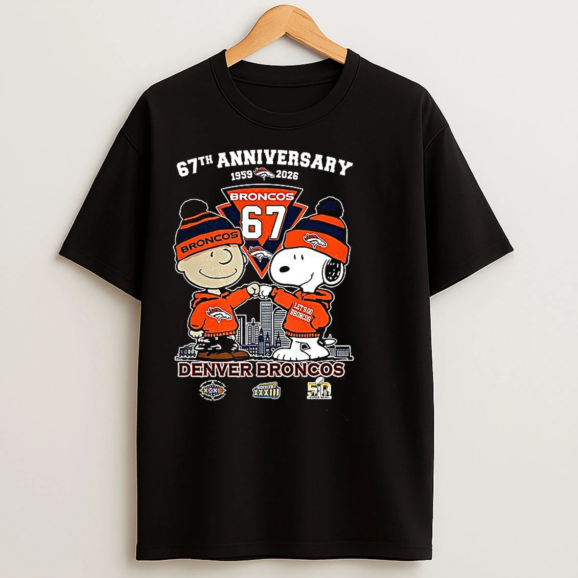Classic Charlie Brown Touch Hands Snoopy Denver Broncos 67th Anniversary 1959 2026 T Shirts