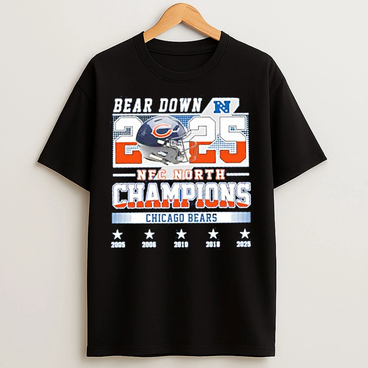 Classic Chicago Bears 2025 Nfc North Champions Bear Down 5 Time Helmet T Shirts
