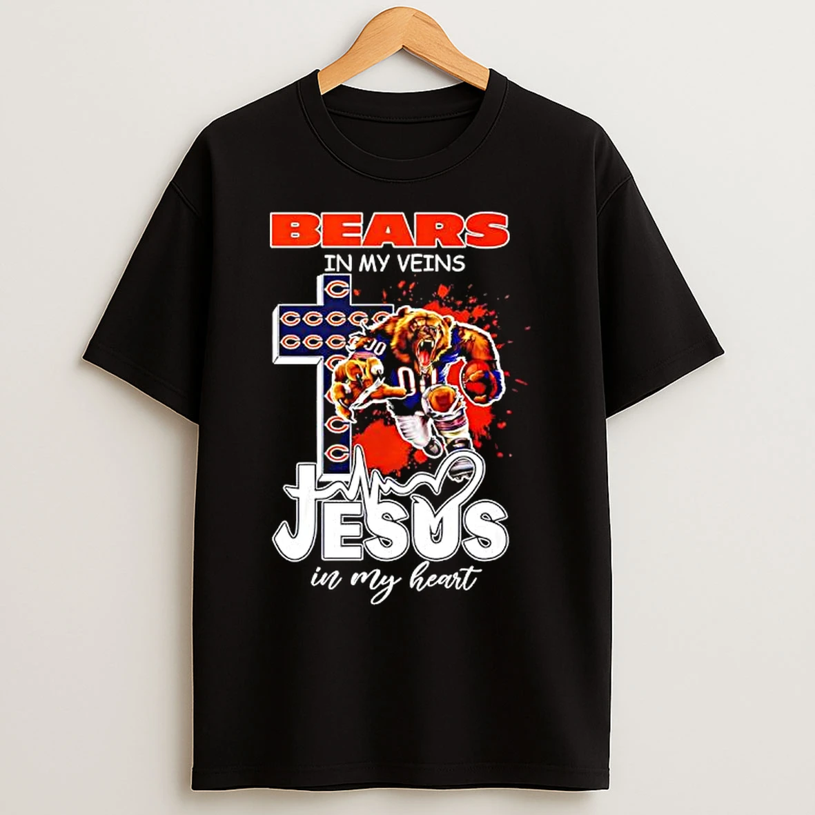 Classic Chicago Bears In My Veins Jesus In My Heart Features A Football Player Logos Cross T Shirts