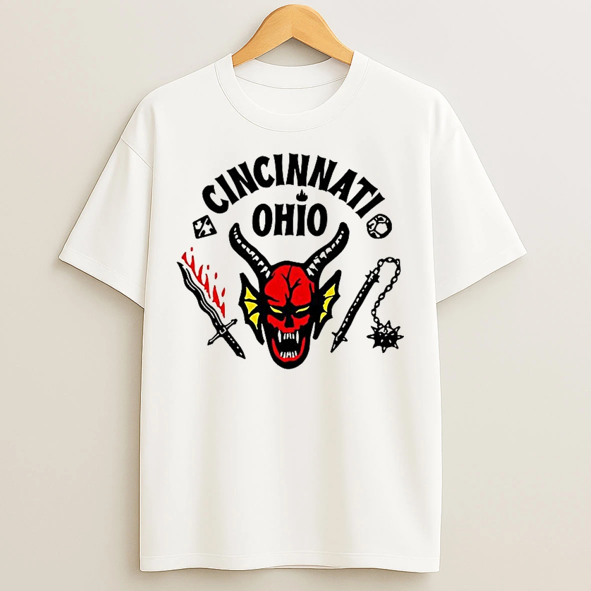 Classic Cincinnati Hellfire Stranger Things Demon Mask Flaming Sword And Chained Mace T Shirts