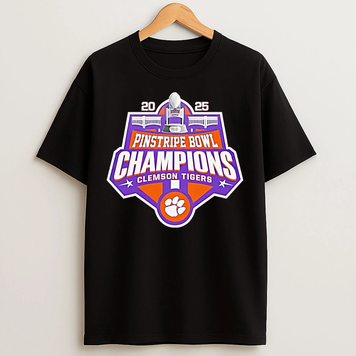 Classic Clemson Tigers 2025 Pinstripe Bowl Champions Logo T Shirts