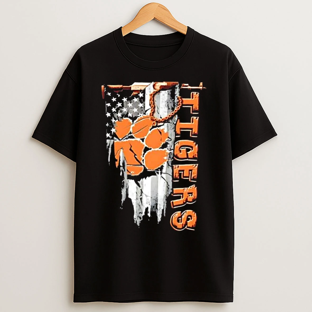 Classic Clemson Tigers Football Battle Shattered Usa Flag Rip Design T Shirts