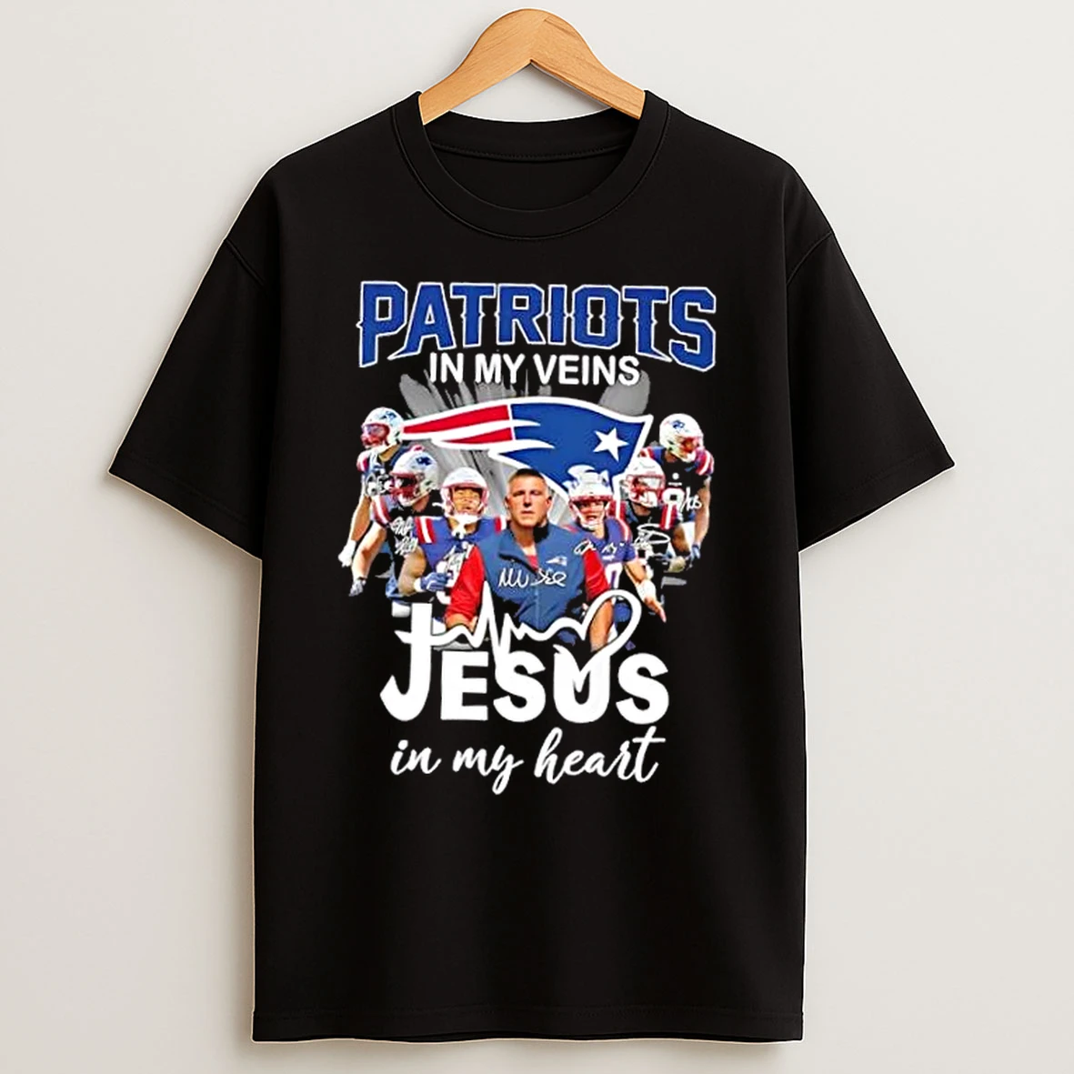 Classic Coach Mike Vrabel And Players New England Patriots In My Veins Jesus In My Heart T Shirts