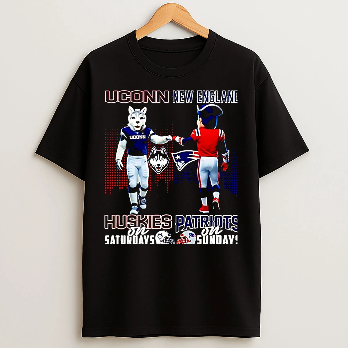 Classic Connecticut Huskies On Saturdays Vs New England Patriots On Sundays Mascot Skyline Christmas T Shirts