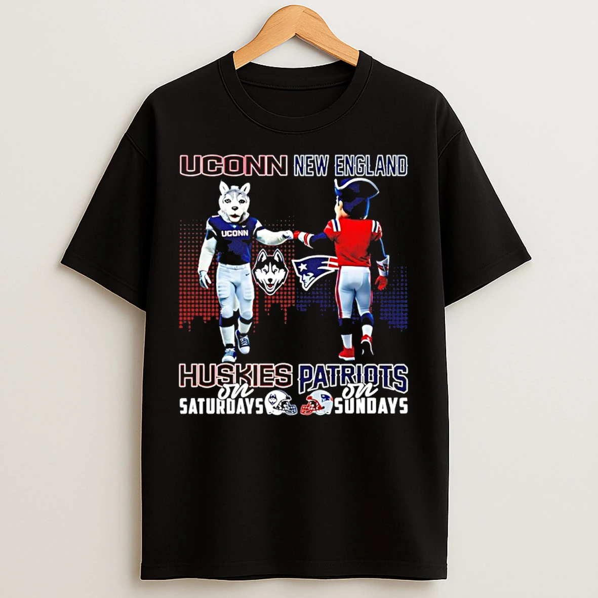 Classic Connecticut Huskies On Saturdays Vs New England Patriots On Sundays Mascot Skyline T Shirts