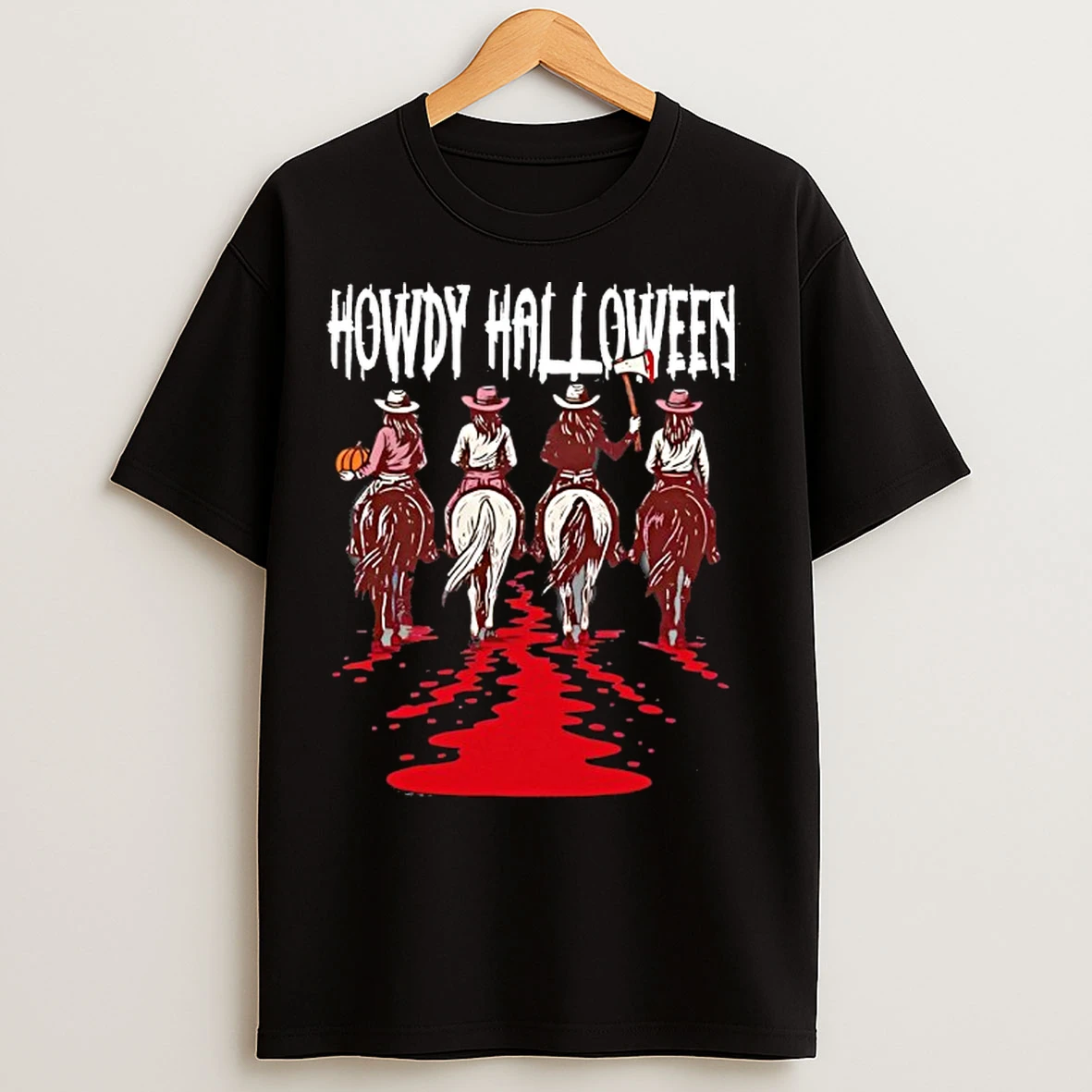 Classic Cowboys Howdy Halloween Holding Axe And Pumpkin Blood T Shirts
