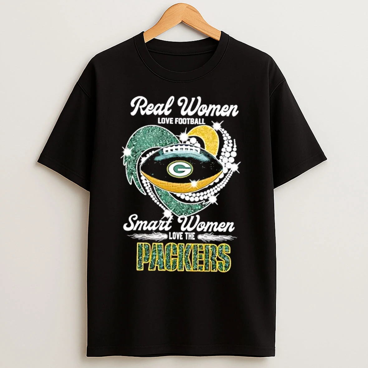 Classic Crystal Heart Real Women Love Football Smart Women Love The Green Bay Packers Lightning T Shirts