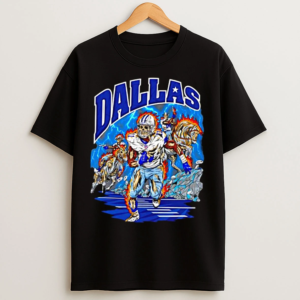 Classic Dallas Cowboys Skeleton Player 1 Running With Cowboys On Fire Horses Under Lightning T Shirts