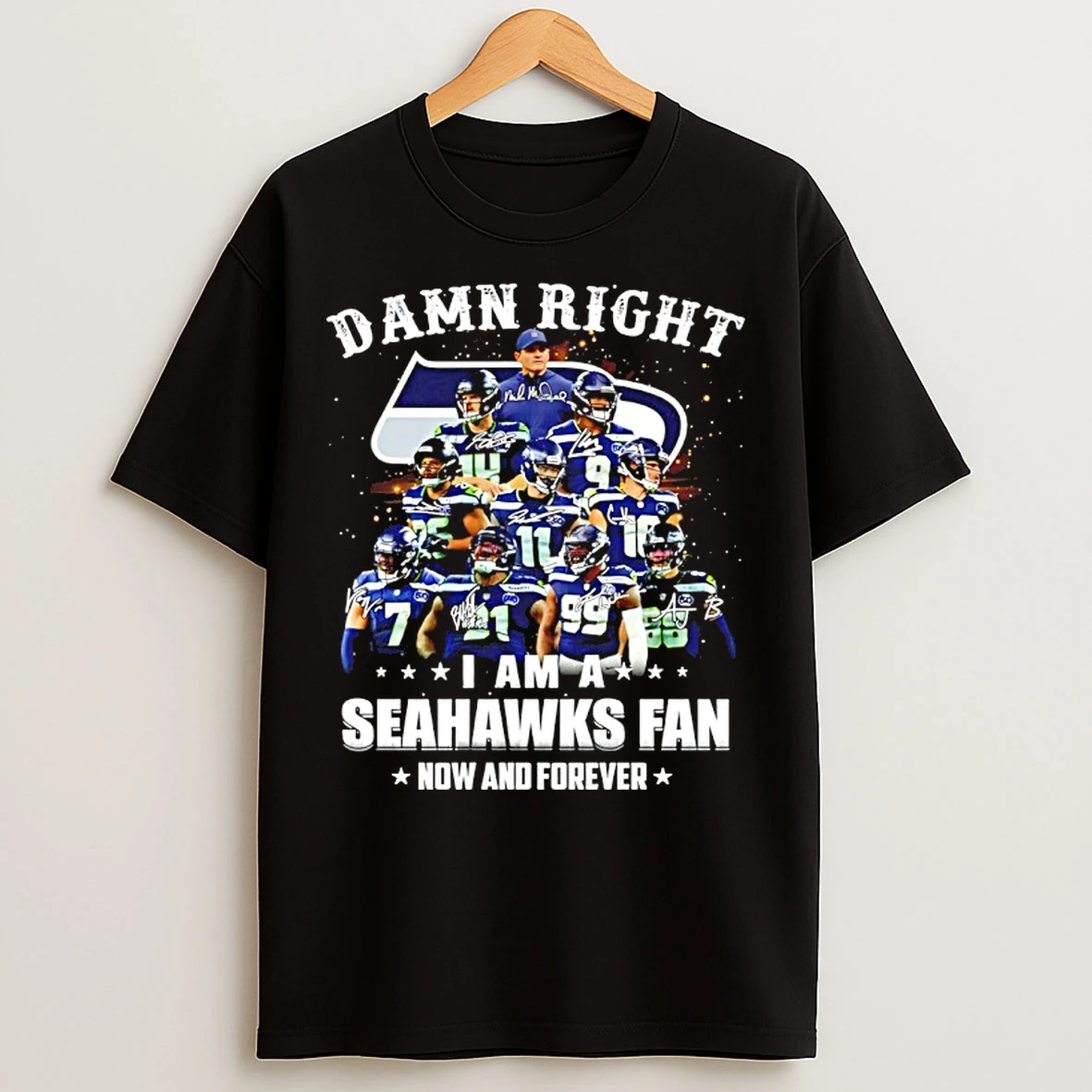 Classic Damn Right I Am A Seahawks Fan Now And Forever Player Collage Christmas Tree Signatures T Shirts
