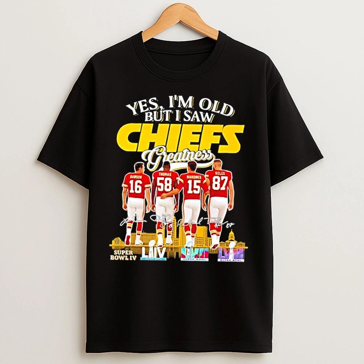 Classic Dawson Thomas Mahomes Kelce Yes Im Old But I Saw Kansas City Chiefs Greatness Skyline T Shirts