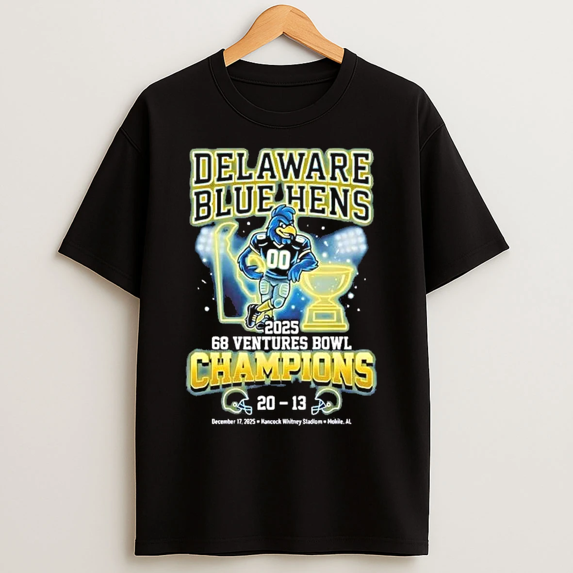 Classic Delaware Blue Hens 2025 68 Ventures Bowl Champions Mascot T Shirts