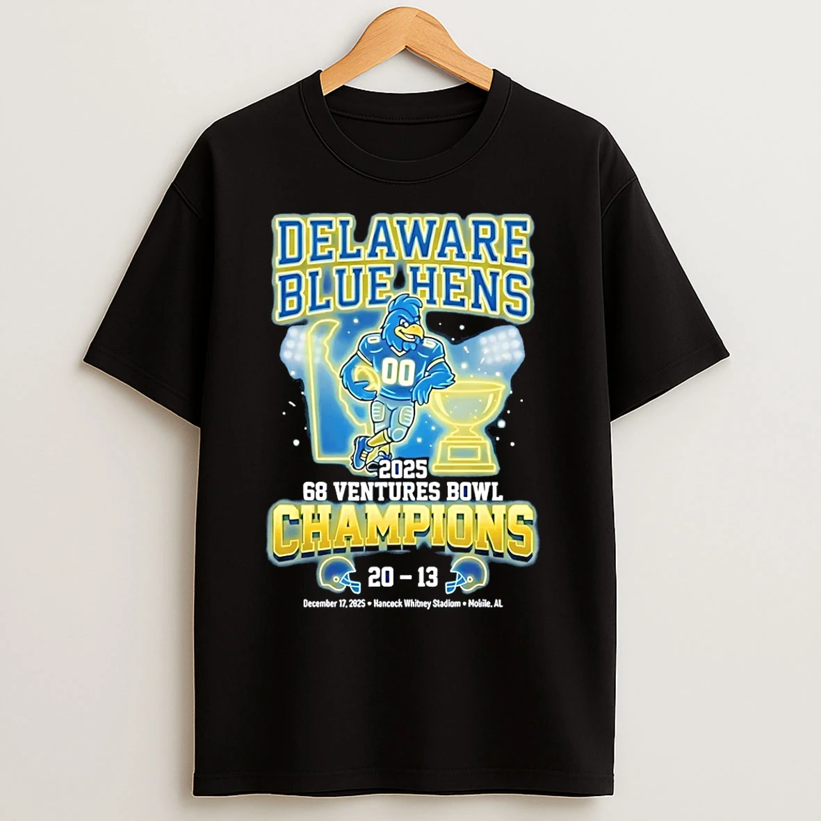 Classic Delaware Blue Hens 2025 68 Ventures Bowl Champions Score Neon T Shirts