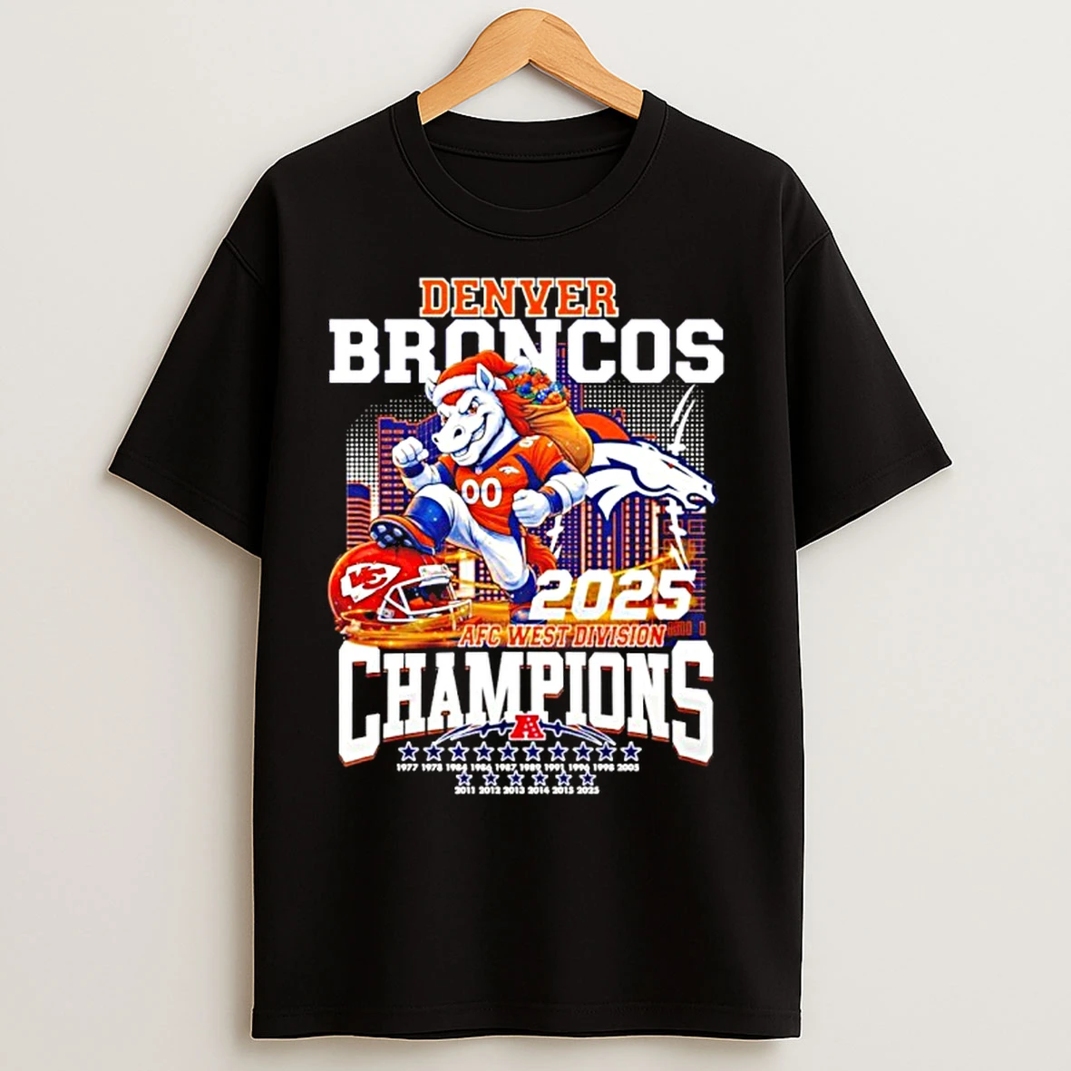Classic Denver Broncos 2025 Afc West Division Champions Mascot Skyline T Shirts