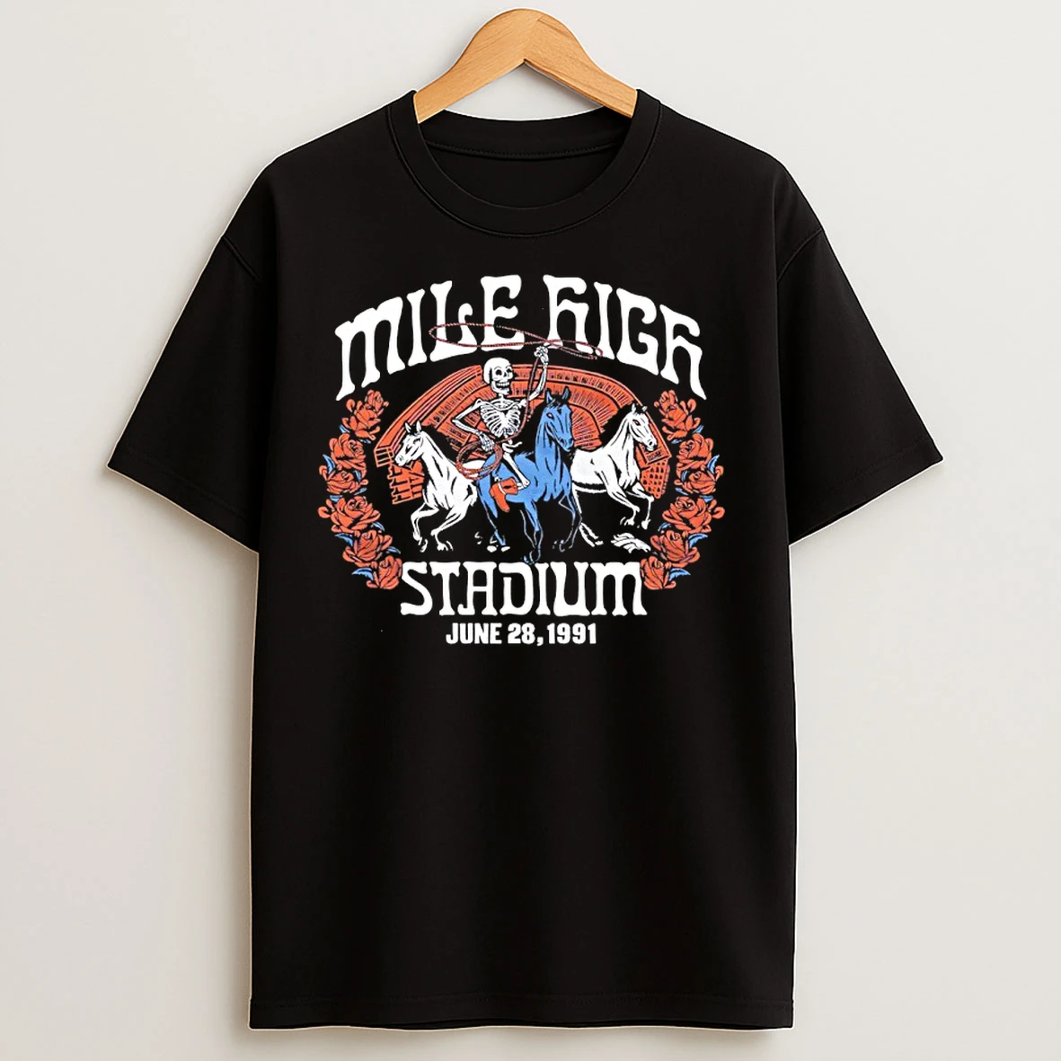 Classic Denver Broncos Nfl X Grateful Dead Skeleton Mile High Stadium T Shirts