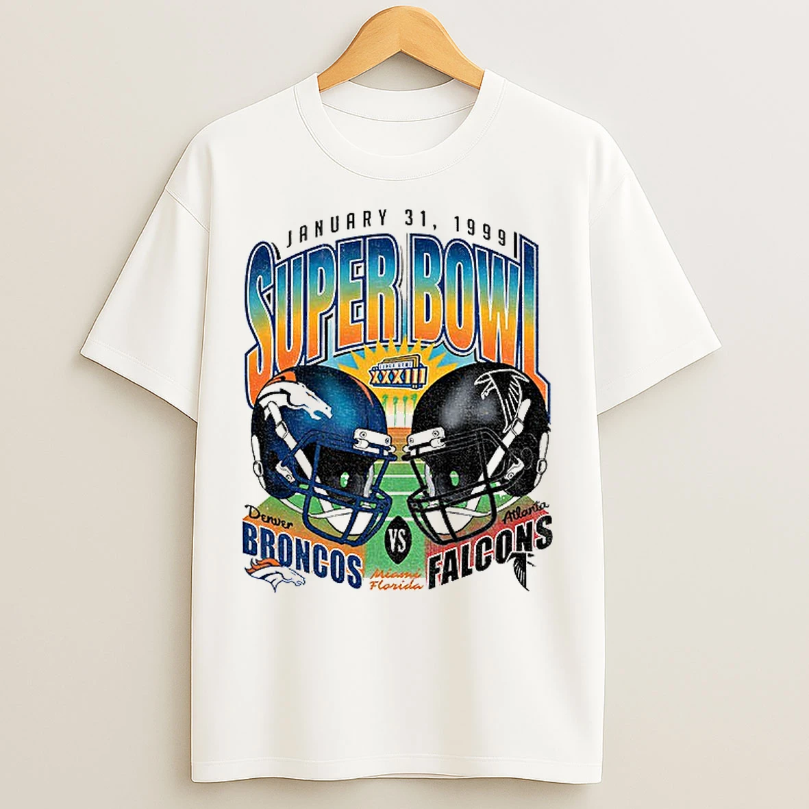 Classic Denver Broncos Vs Atlanta Falcons Super Bowl Xxxiii Football January 31 1999 T Shirts