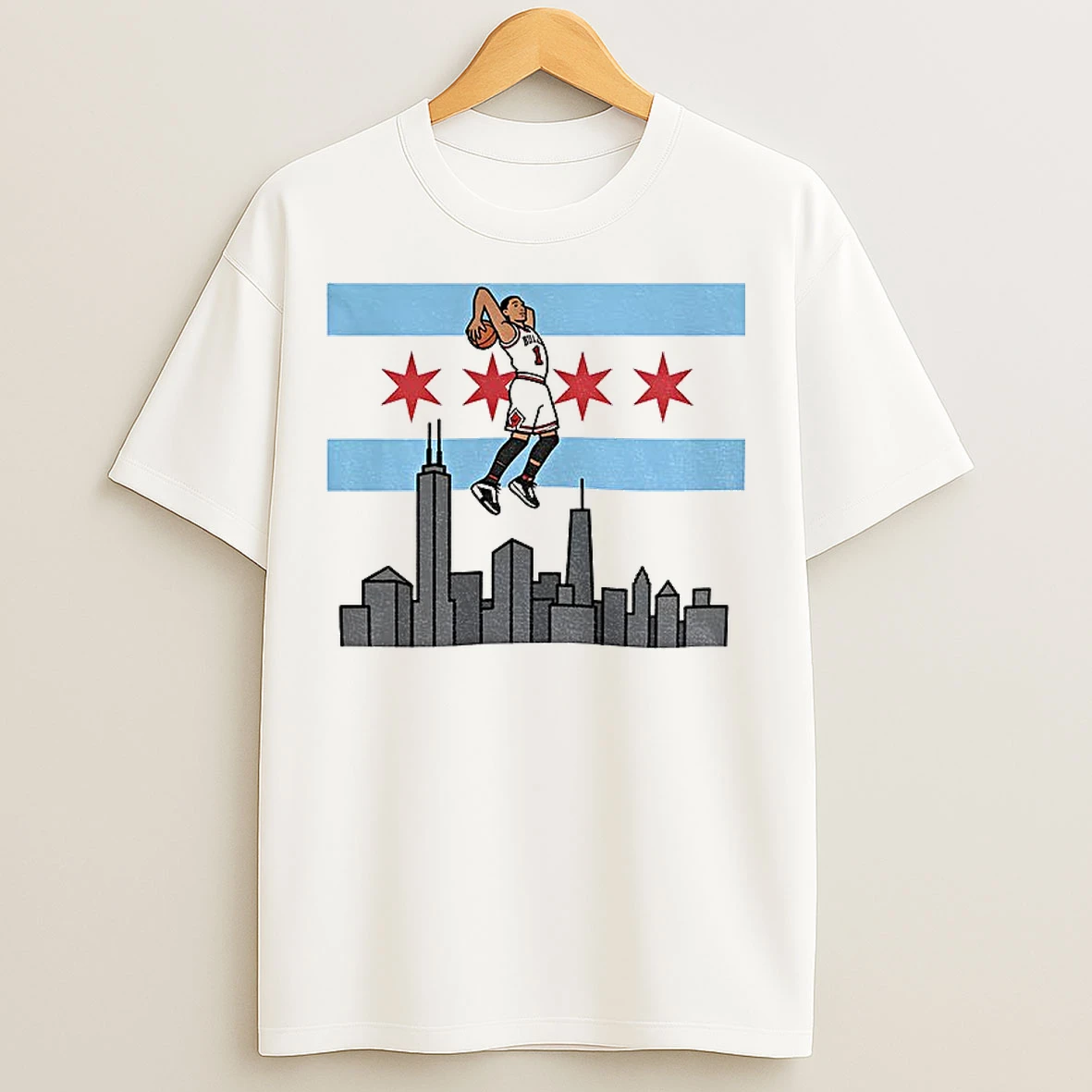 Classic Derrick Rose Chicago Bulls Basketball City Skyline Cartoon T Shirts