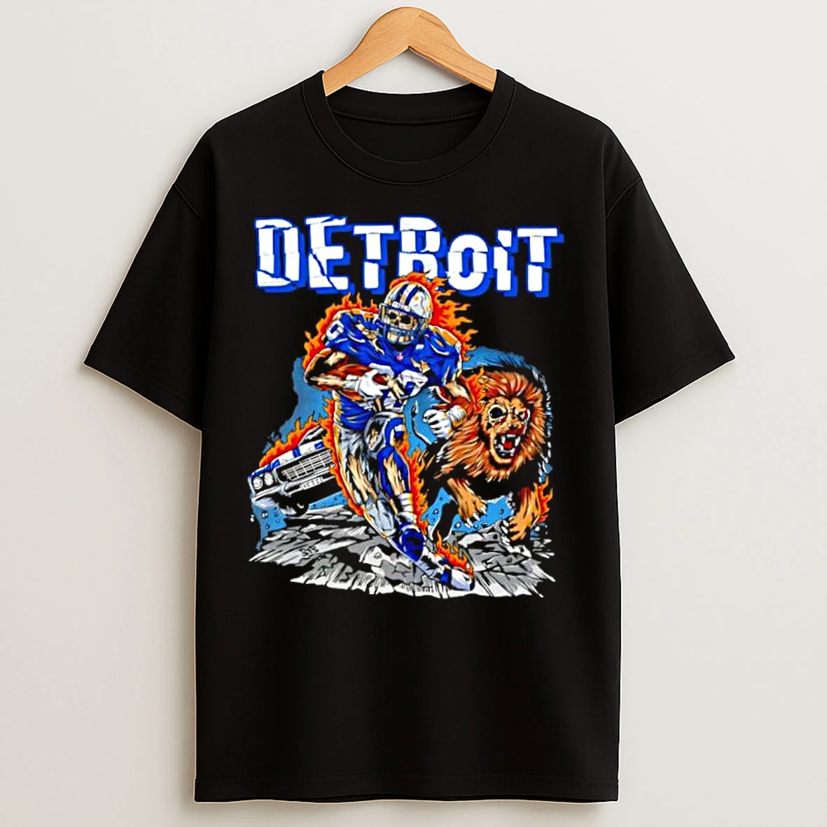 Classic Detroit Lions Skeleton Player 4 Running On Fire With Growling Lion Muscle Car T Shirts