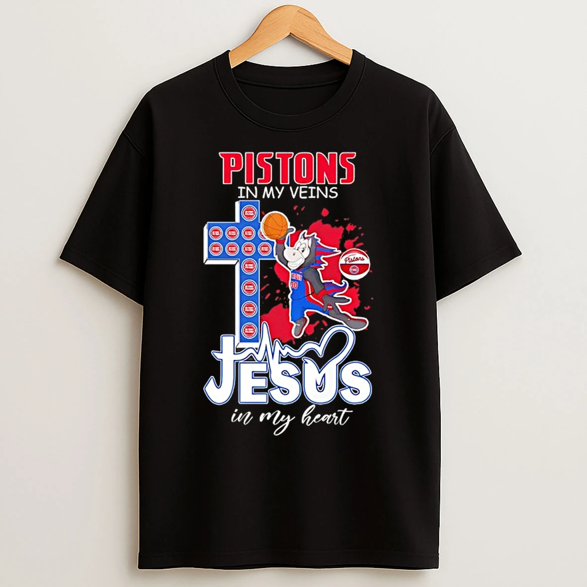Classic Detroit Pistons In My Veins Jesus In My Heart Mascot T Shirts
