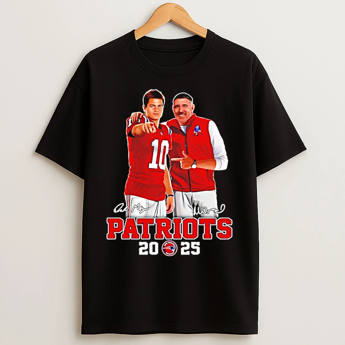 Classic Drake Maye And Mike Vrabel New England Patriots 2025 Signatures T Shirts