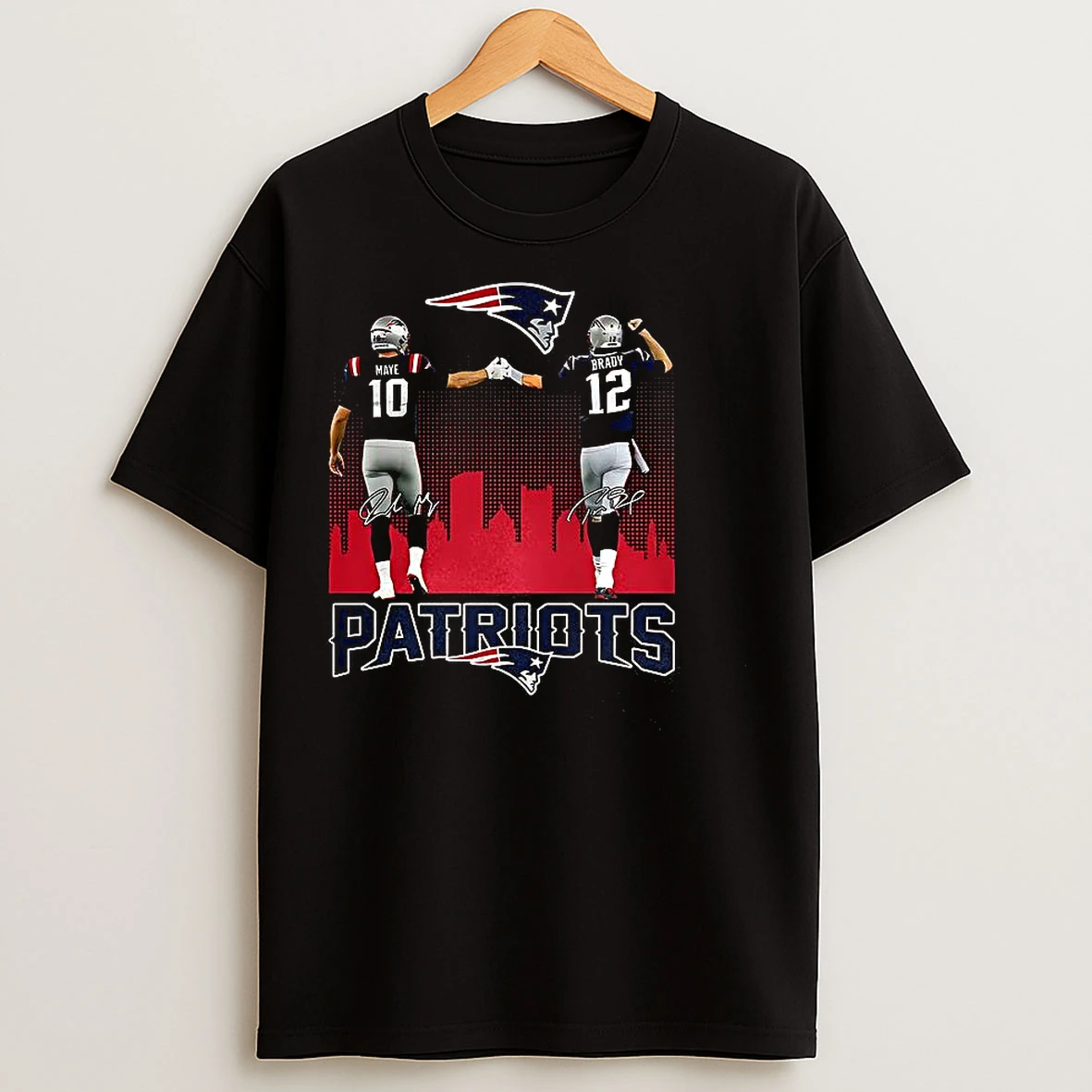 Classic Drake Maye And Tom Brady New England Patriots Logo Signature T Shirts