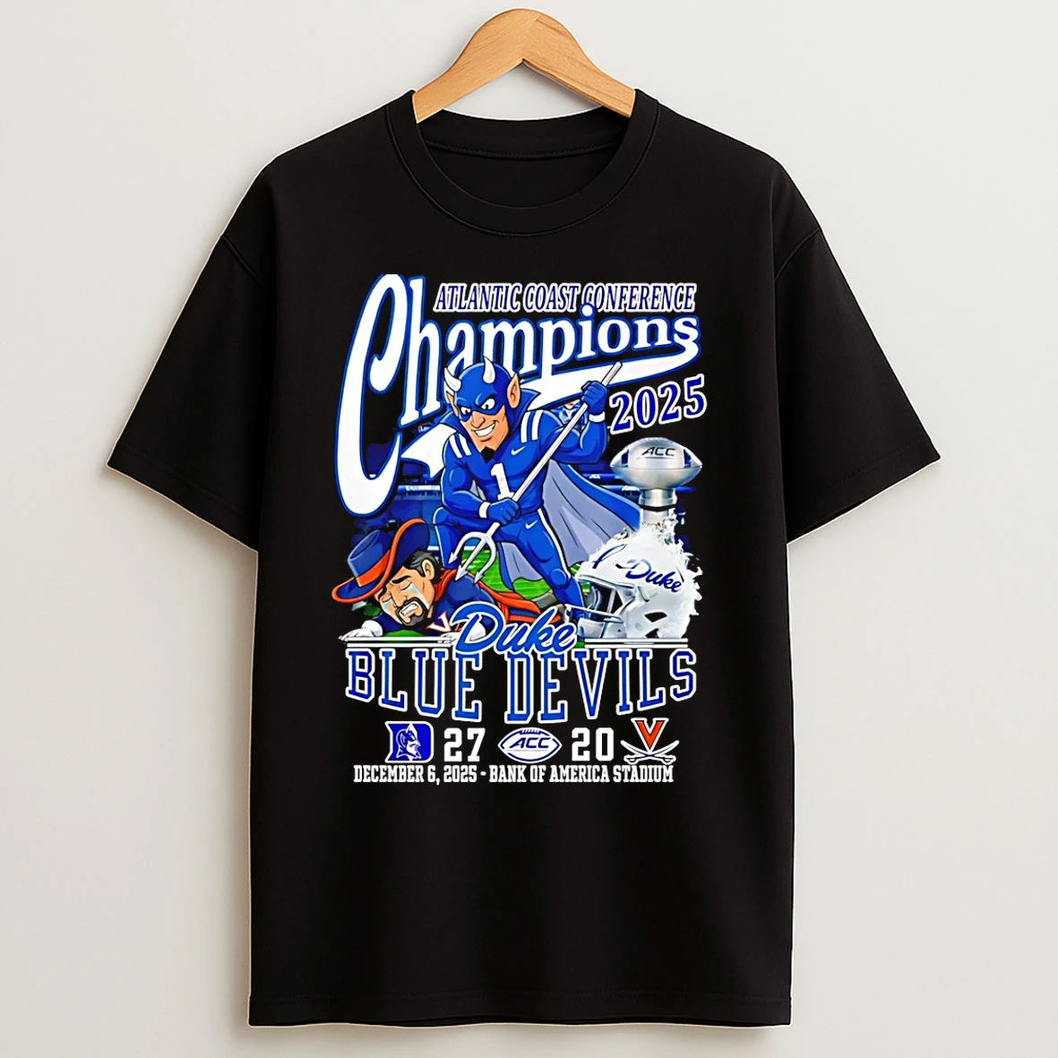 Classic Duke Blue Devils 2025 Acc Football Champions Beat Cavaliers 27 20 Mascot T Shirts