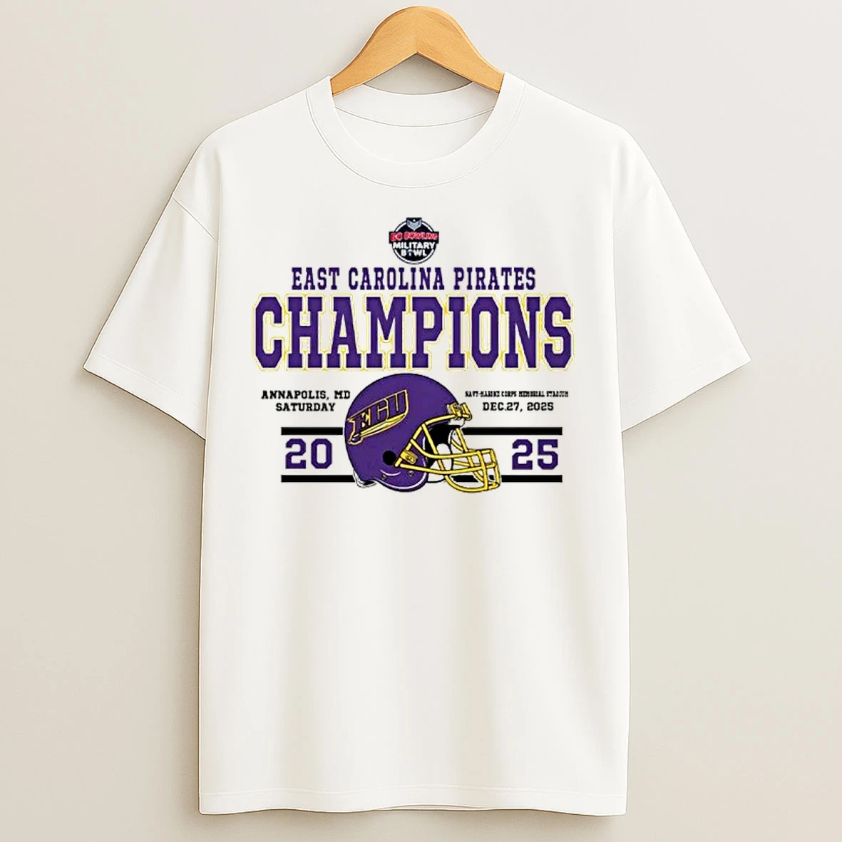 Classic East Carolina Pirates Football 2025 Go Bowling Military Bowl Champions Helmet T Shirts